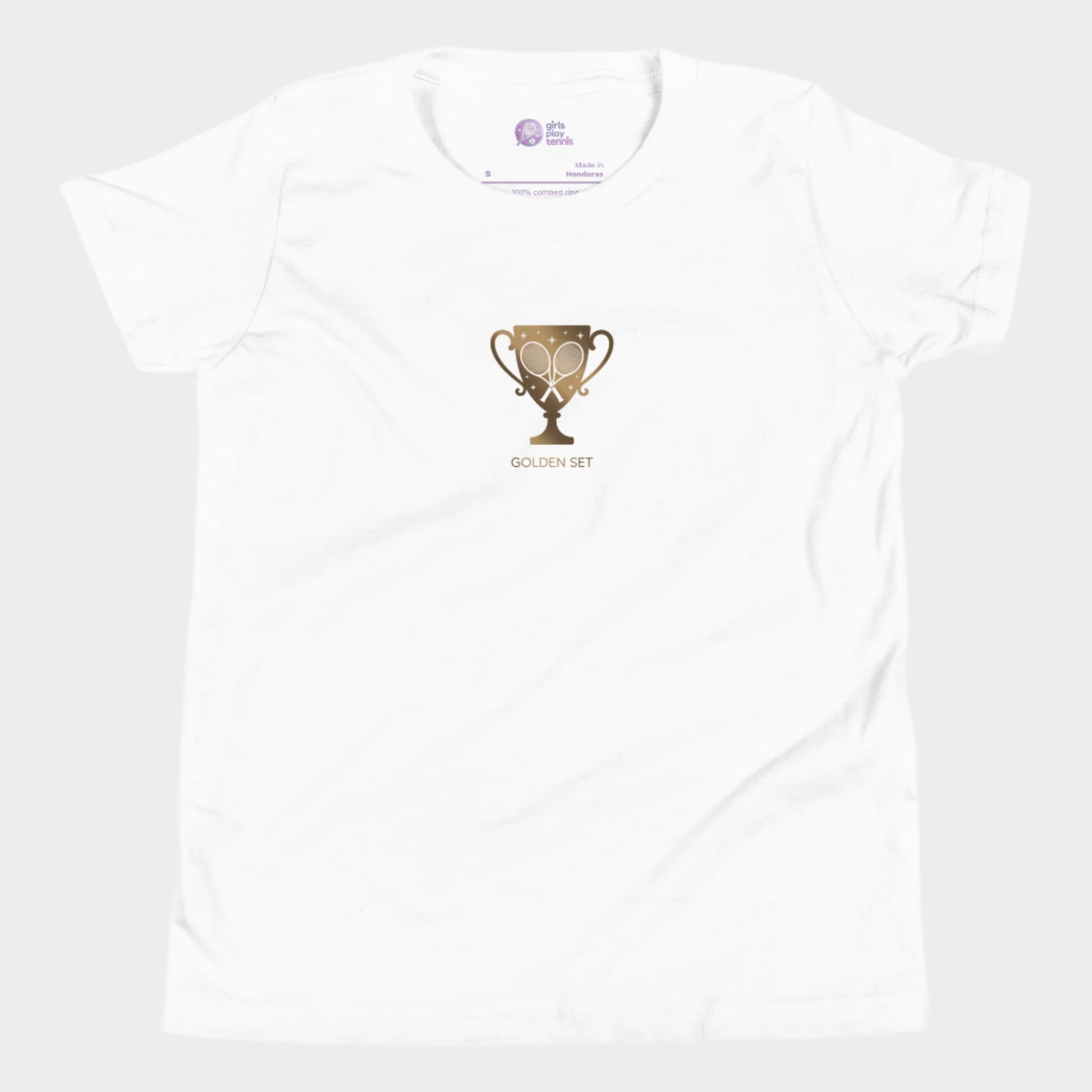 Minimalist Girls Play Tennis Golden Set t-shirt with golden trophy and crossed rackets, girls’ hard court season tennis shirt