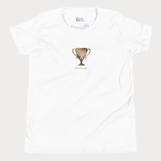 Minimalist Girls Play Tennis Golden Set t-shirt with golden trophy and crossed rackets, girls’ hard court season tennis shirt
