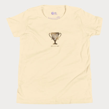 Minimalist Girls Play Tennis Golden Set t-shirt with golden trophy and crossed rackets, girls’ hard court season tennis shirt