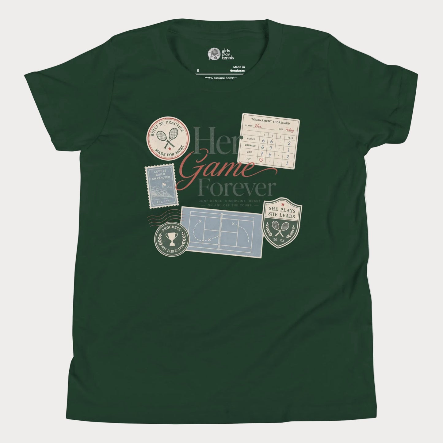 Vintage-inspired girls tennis tee featuring scorecards, tennis patches, and lifestyle club graphics