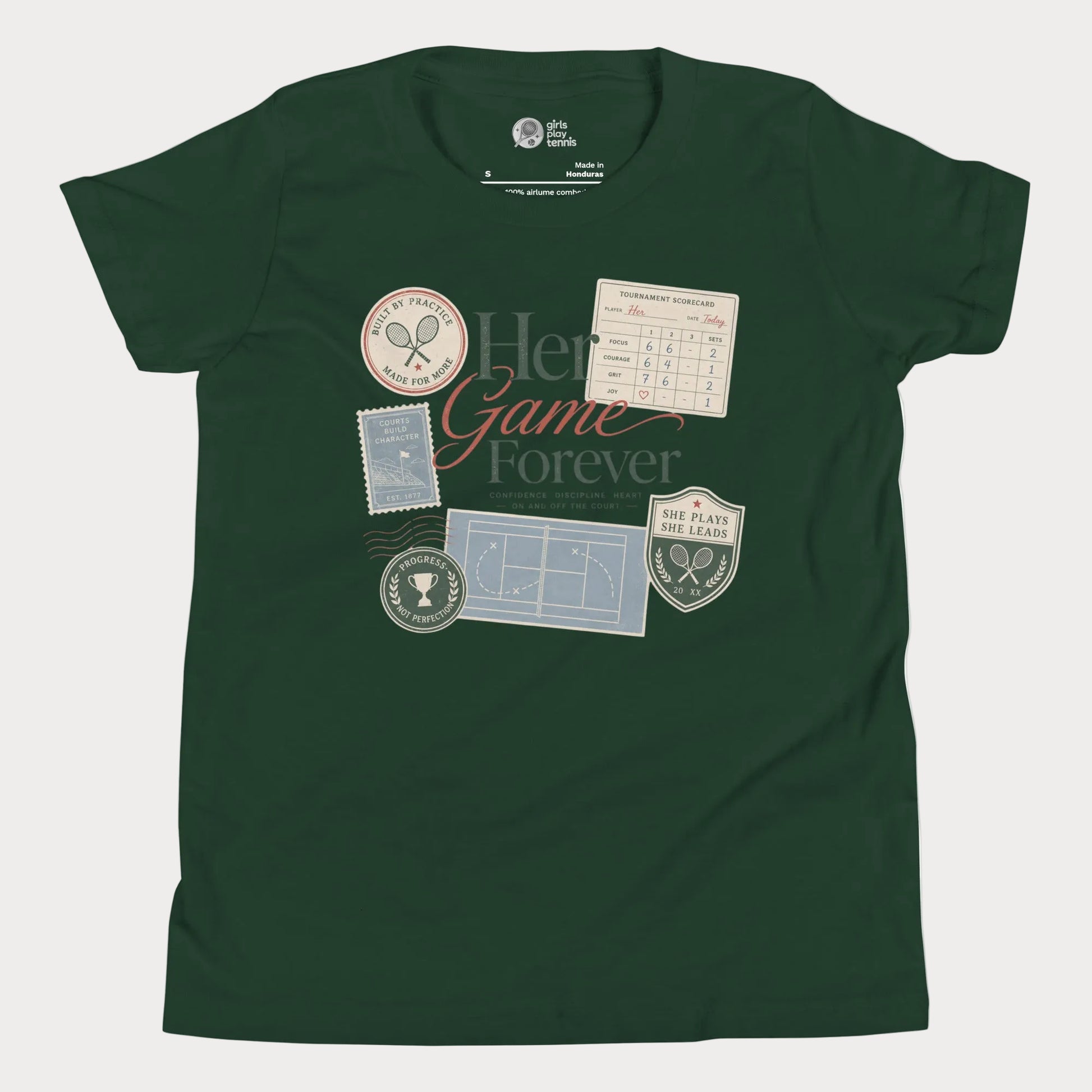 Vintage-inspired girls tennis tee featuring scorecards, tennis patches, and lifestyle club graphics