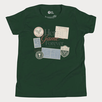 Vintage-inspired girls tennis tee featuring scorecards, tennis patches, and lifestyle club graphics
