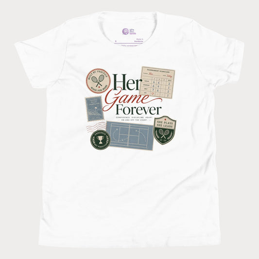 Vintage-inspired girls tennis tee featuring scorecards, tennis patches, and lifestyle club graphics