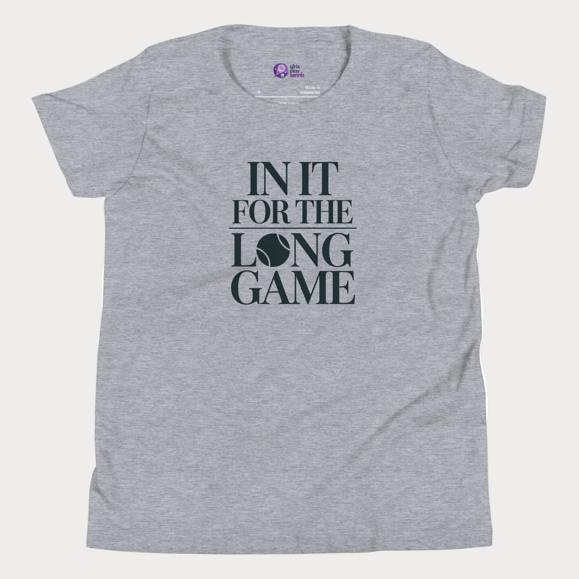 In It For The Long Game tennis t-shirt in athletic grey with bold typography for girls and women