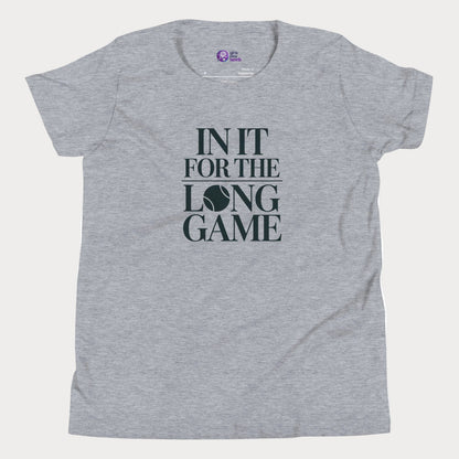 In It For The Long Game tennis t-shirt in athletic grey with bold typography for girls and women