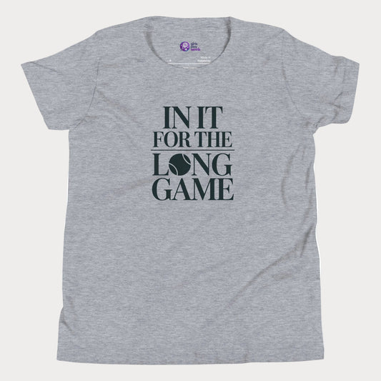 In It For The Long Game tennis t-shirt in athletic grey with bold typography for girls and women
