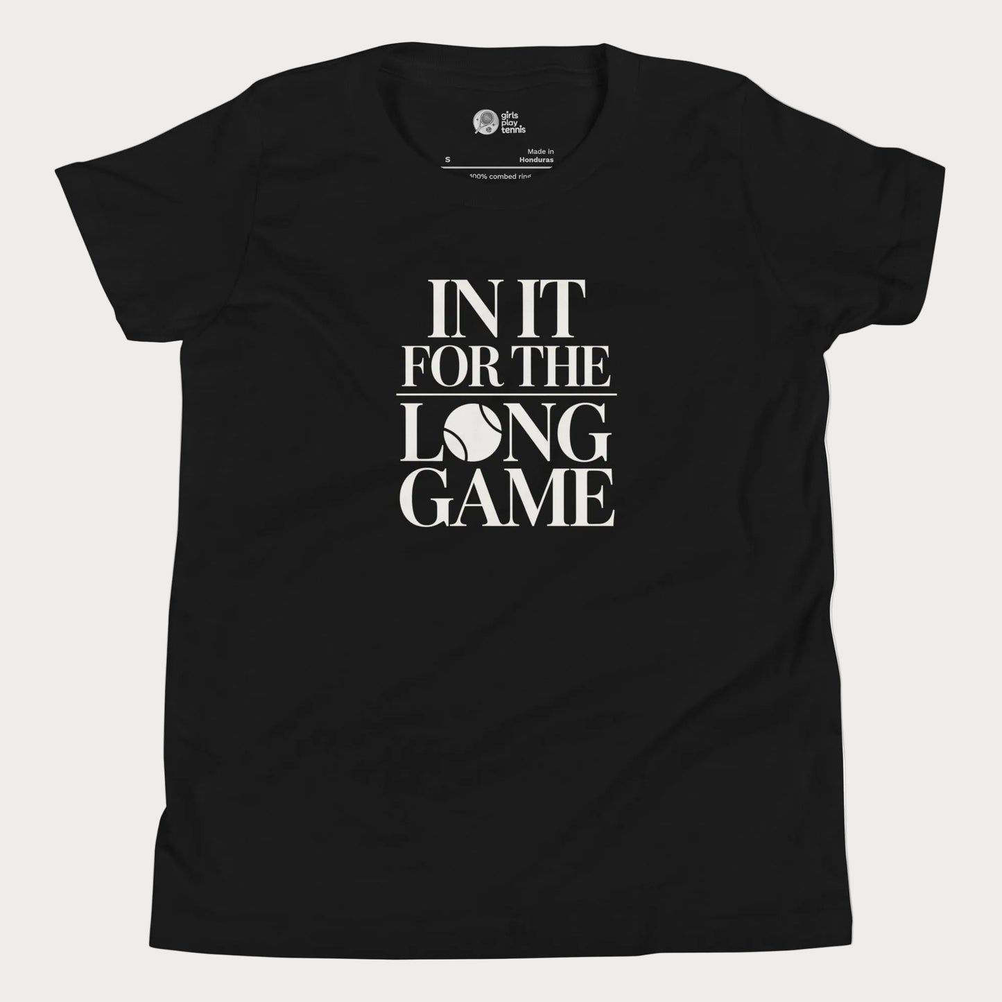 In It For The Long Game tennis t-shirt in black with bold typography for girls and women