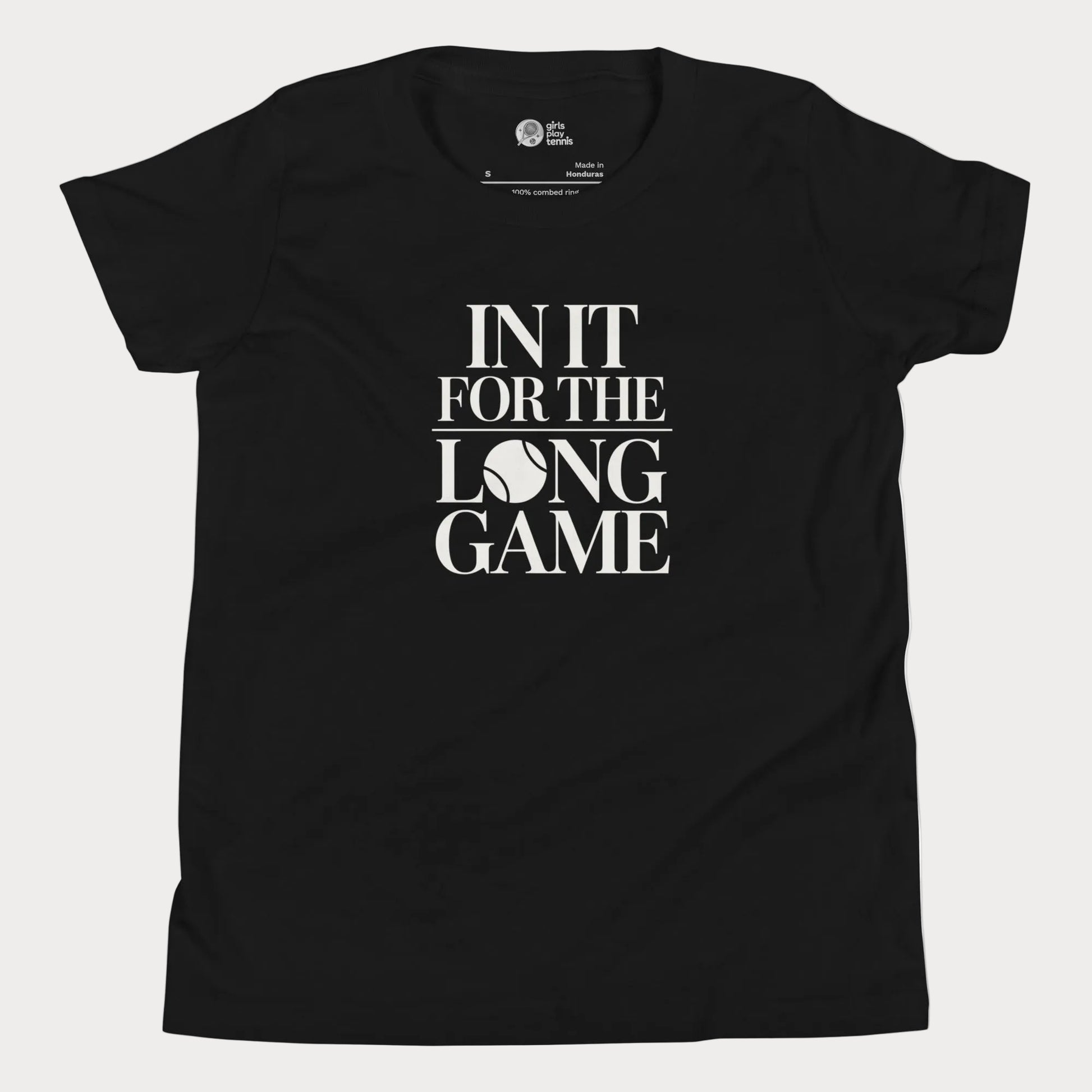 In It For The Long Game tennis t-shirt in black with bold typography for girls and women