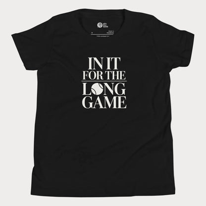 In It For The Long Game tennis t-shirt in black with bold typography for girls and women