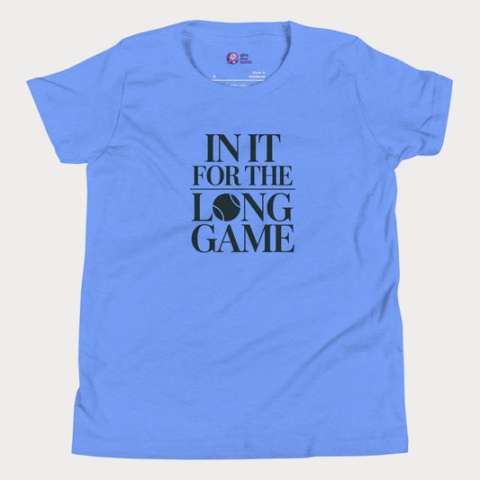 In It For The Long Game tennis t-shirt in blue with bold typography for girls and women