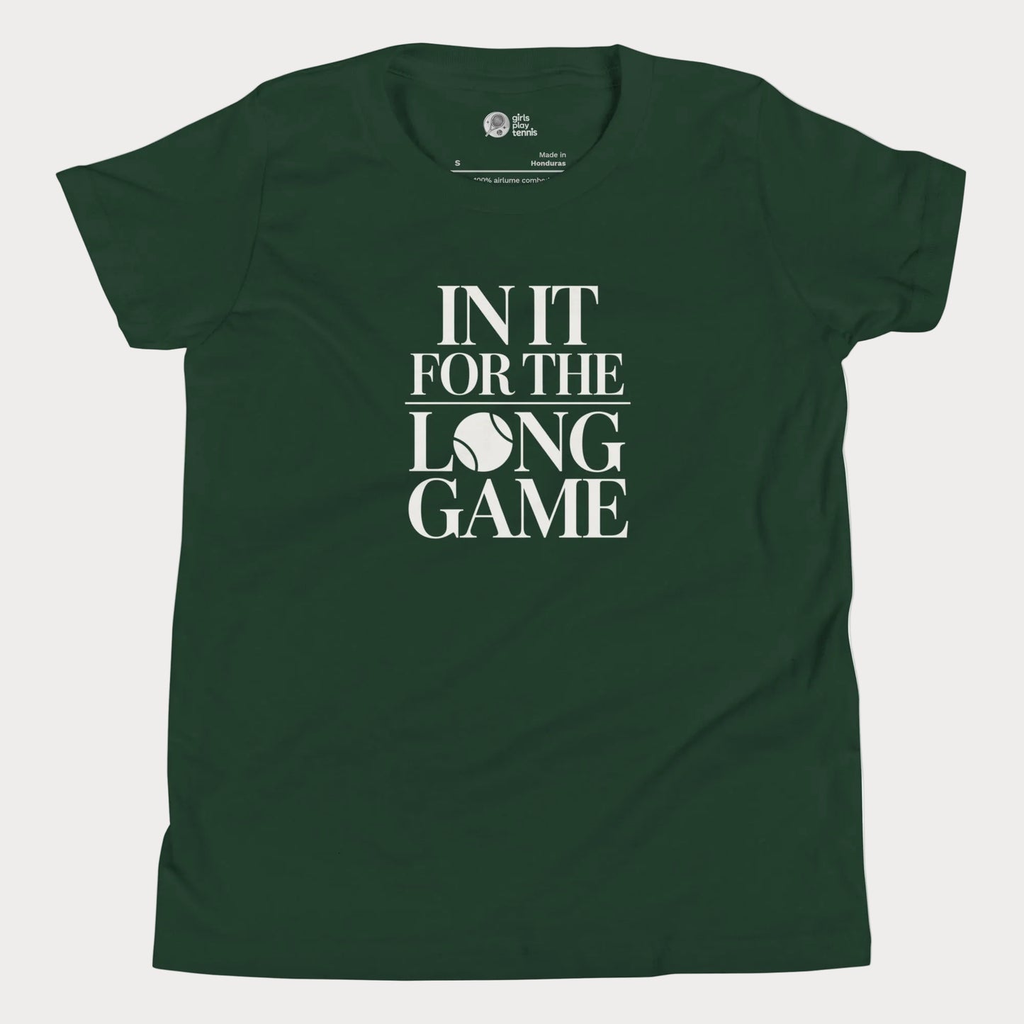 In It For The Long Game tennis t-shirt in forest green with bold typography for girls and women
