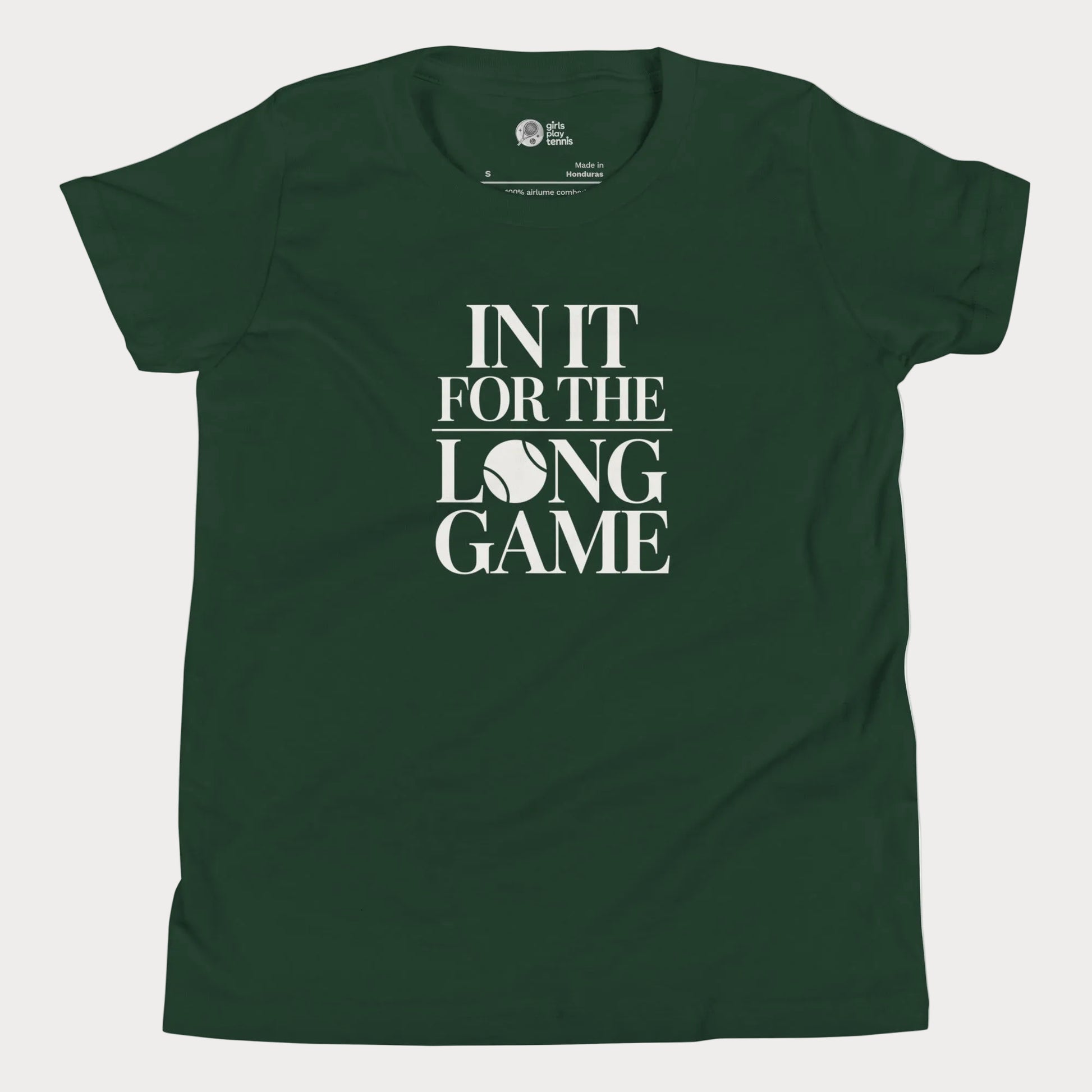 In It For The Long Game tennis t-shirt in forest green with bold typography for girls and women