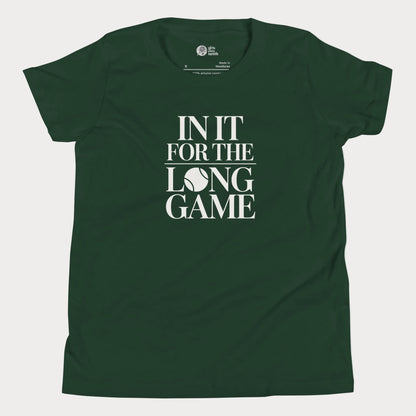 In It For The Long Game tennis t-shirt in forest green with bold typography for girls and women
