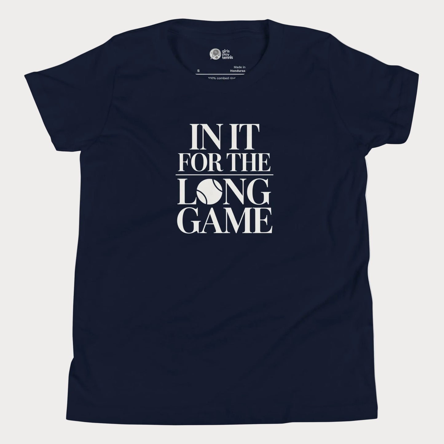 In It For The Long Game tennis t-shirt in navy with bold typography for girls and women