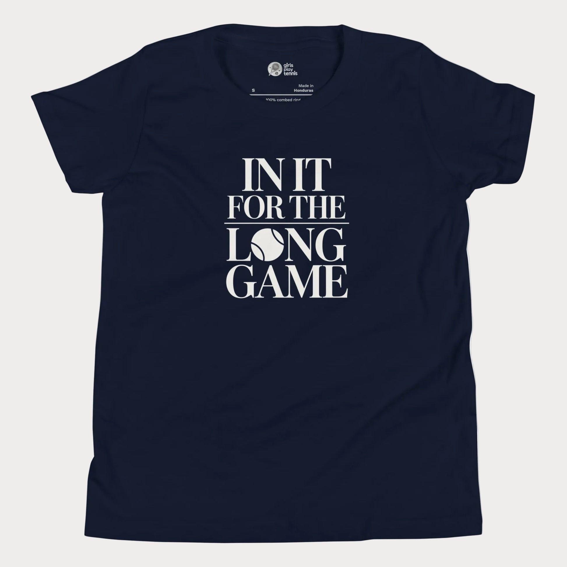 In It For The Long Game tennis t-shirt in navy with bold typography for girls and women