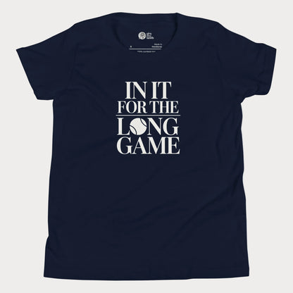 In It For The Long Game tennis t-shirt in navy with bold typography for girls and women