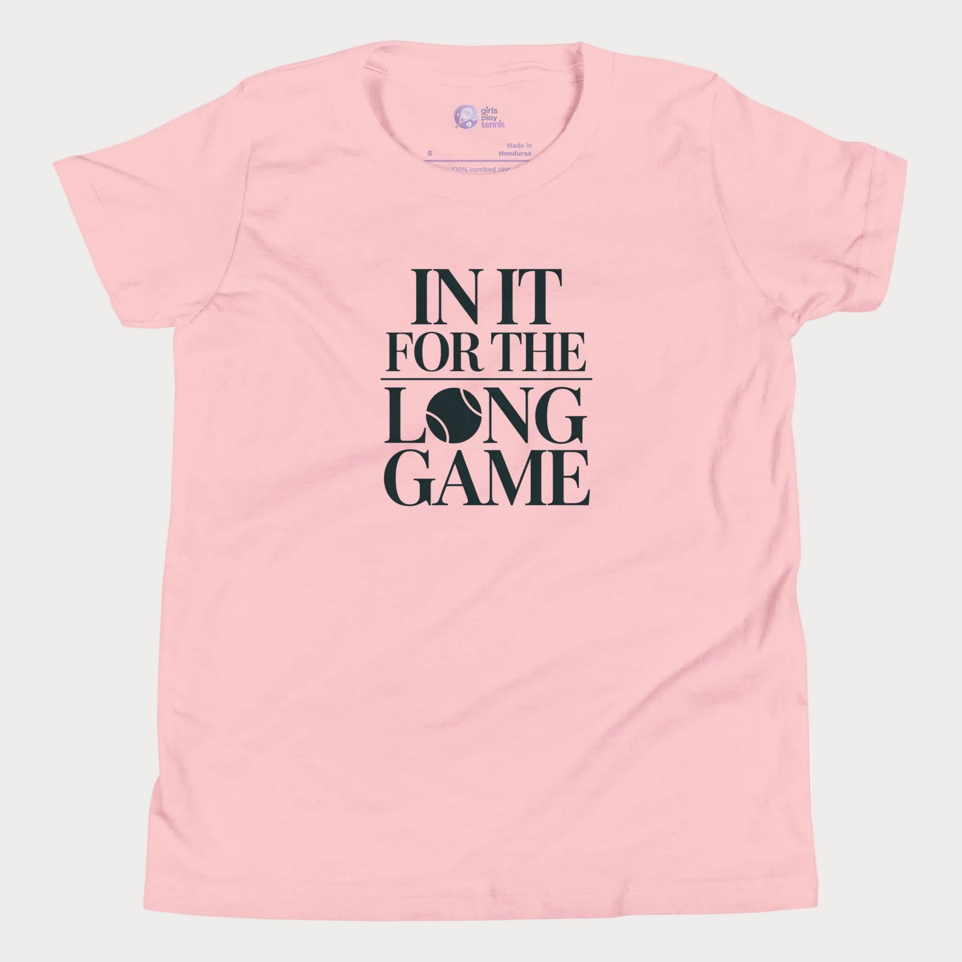 In It For The Long Game tennis t-shirt in pink with bold typography for girls and women