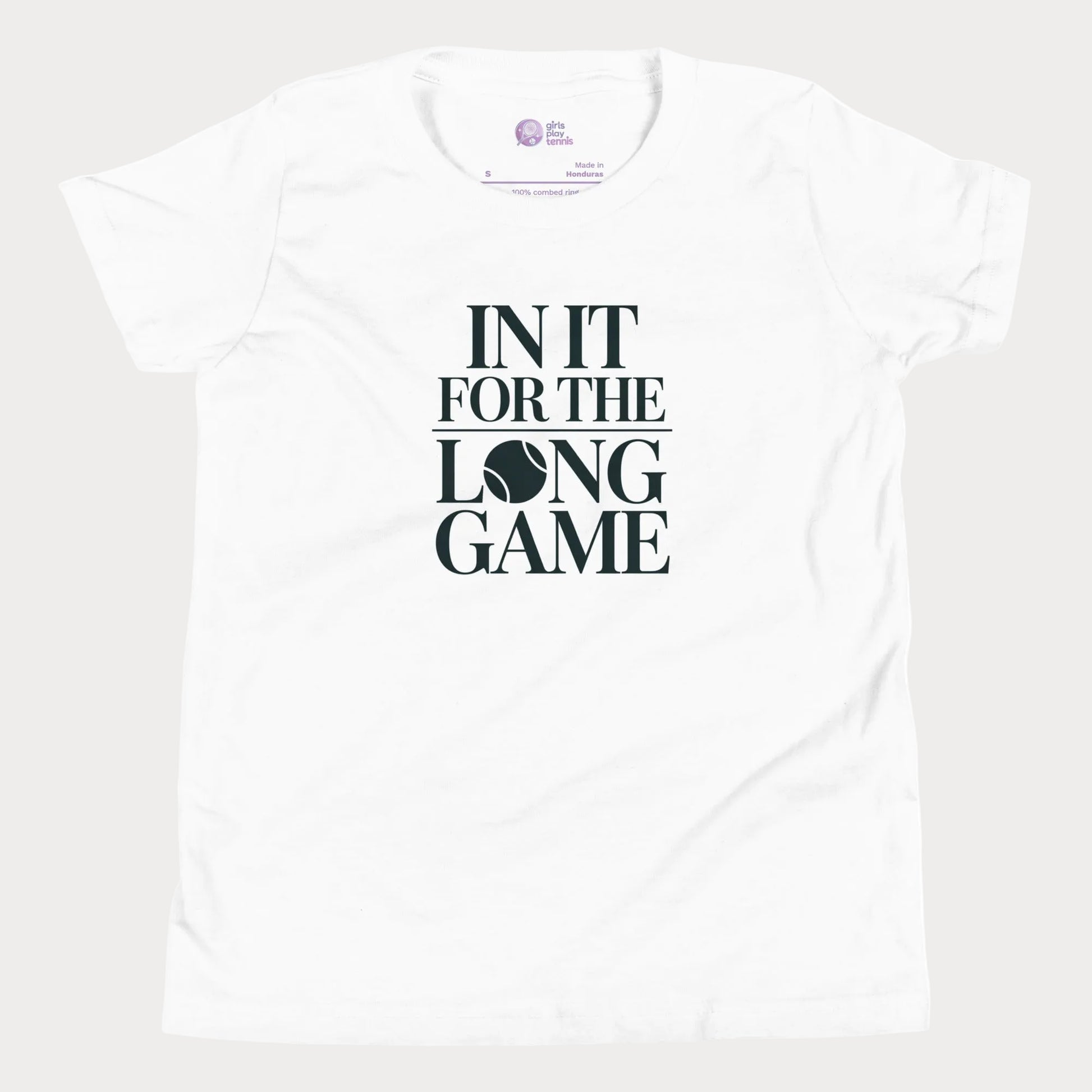 In It For The Long Game tennis t-shirt in white with bold typography for girls and women
