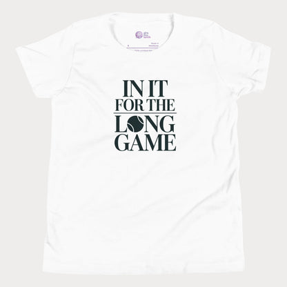 In It For The Long Game tennis t-shirt in white with bold typography for girls and women