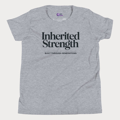 Inherited Strength tennis t-shirt in athletic grey with bold typography for girls and women