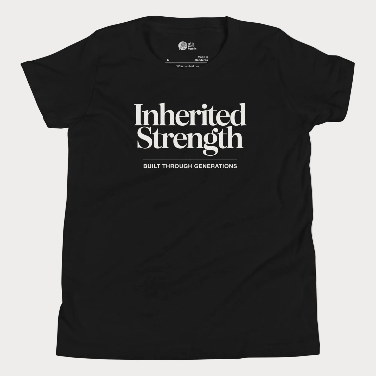 Inherited Strength tennis t-shirt in black with bold typography for girls and women