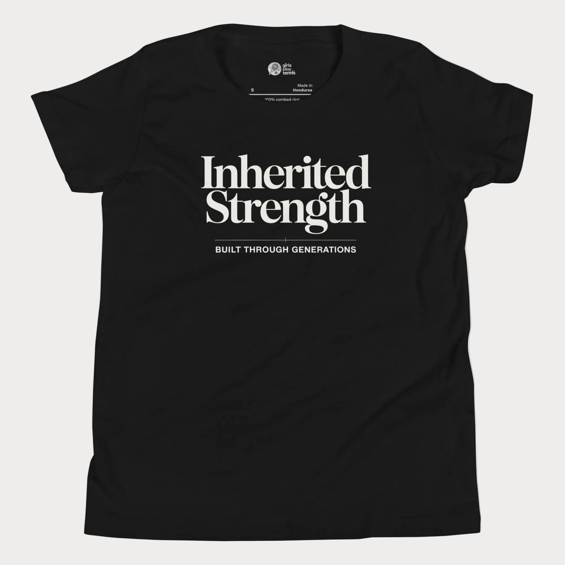 Inherited Strength tennis t-shirt in black with bold typography for girls and women