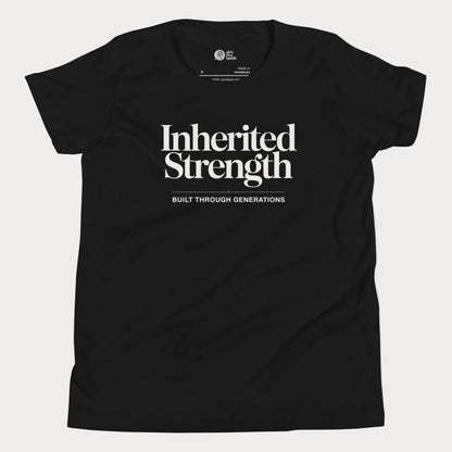 Inherited Strength tennis t-shirt in black with bold typography for girls and women