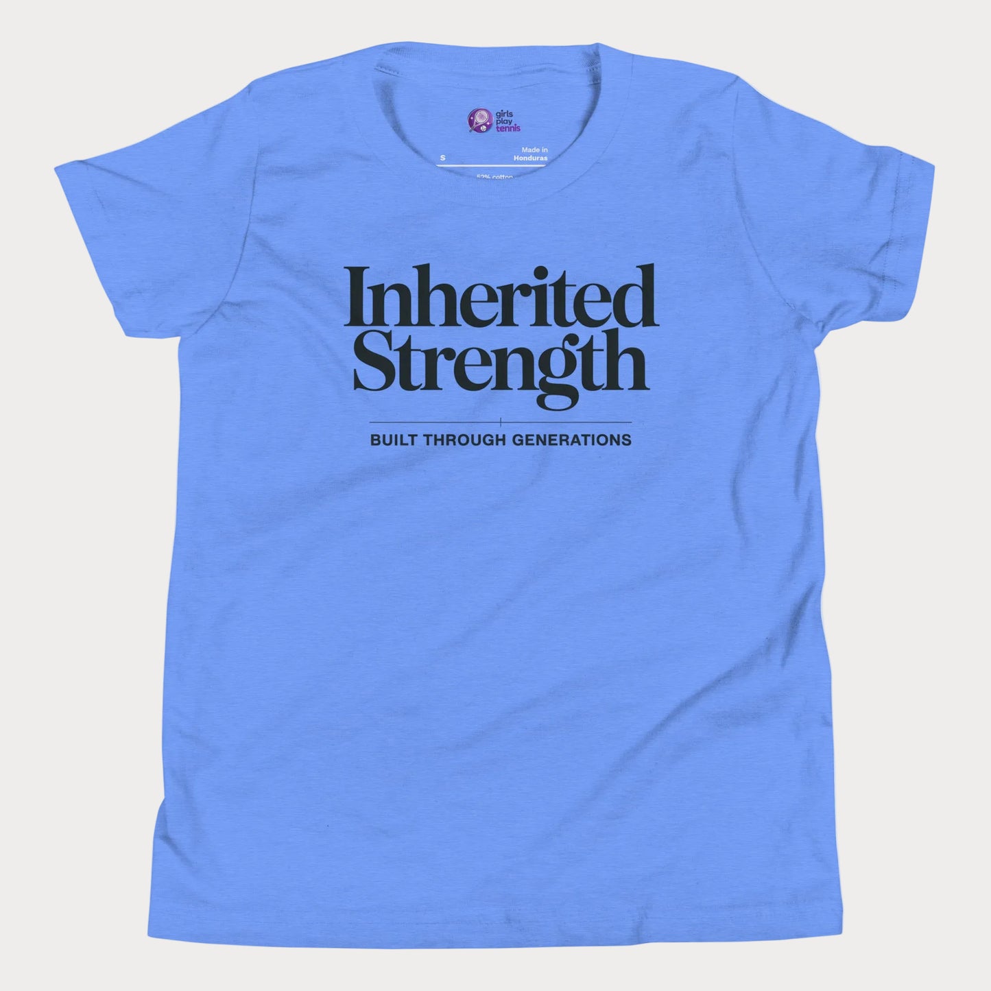 Inherited Strength tennis t-shirt in blue with bold typography for girls and women