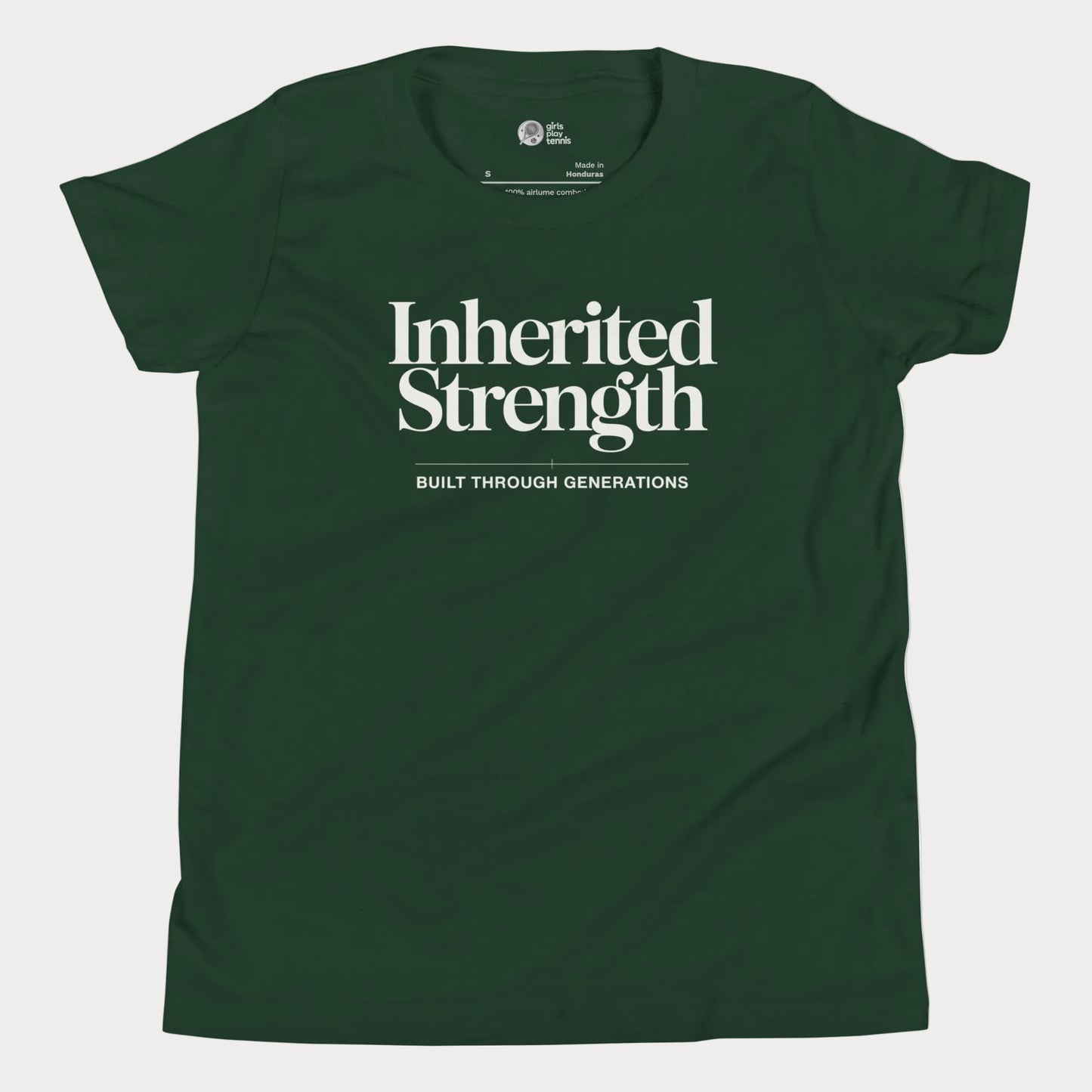 Inherited Strength tennis t-shirt in forest green with bold typography for girls and women
