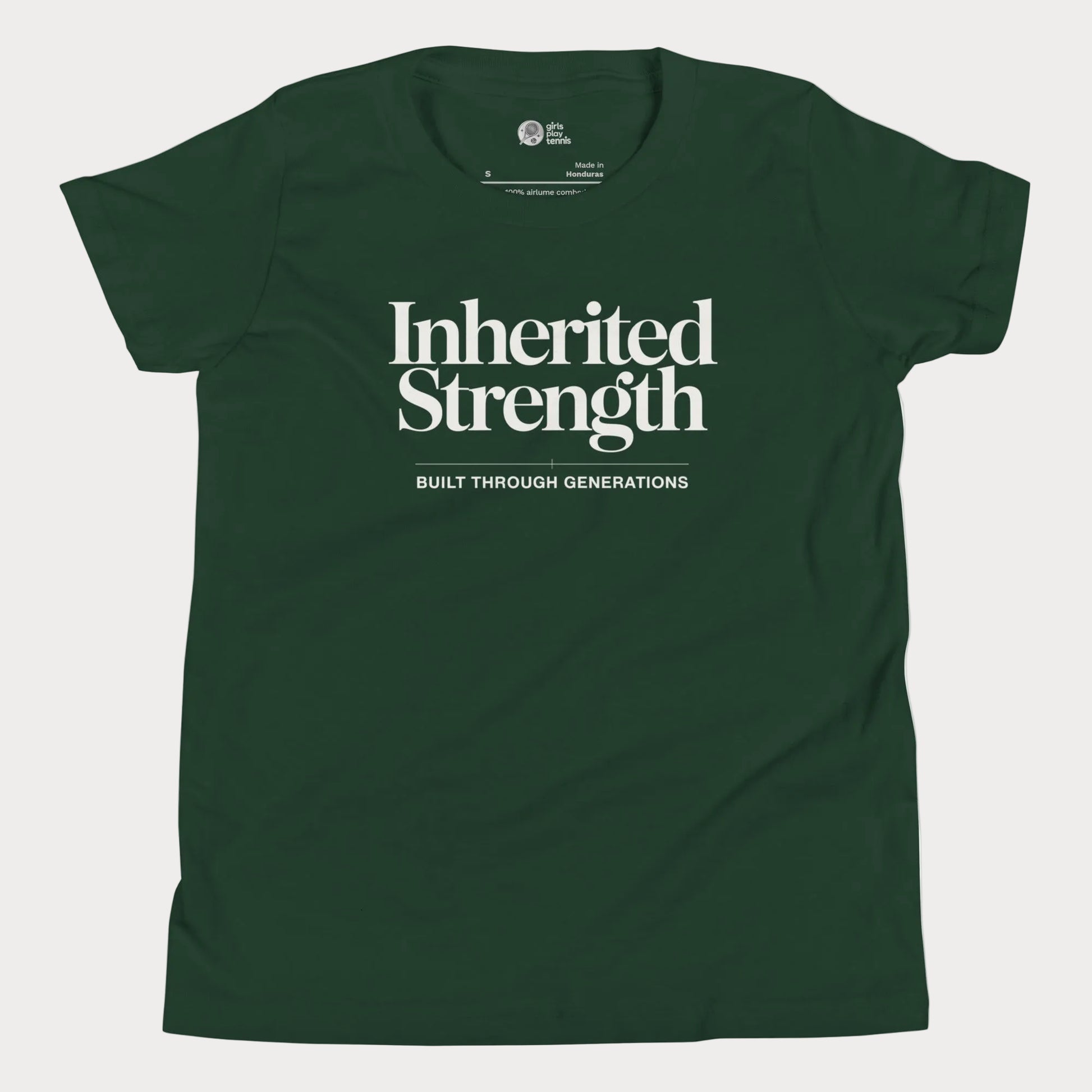 Inherited Strength tennis t-shirt in forest green with bold typography for girls and women