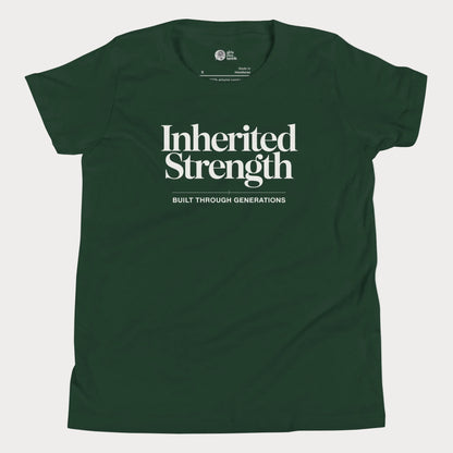 Inherited Strength tennis t-shirt in forest green with bold typography for girls and women