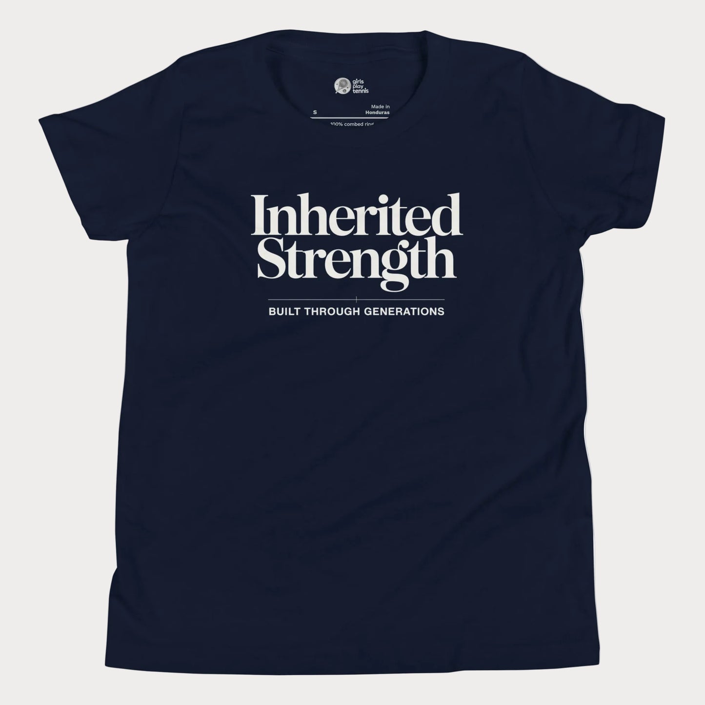 Inherited Strength tennis t-shirt in navy with bold typography for girls and women