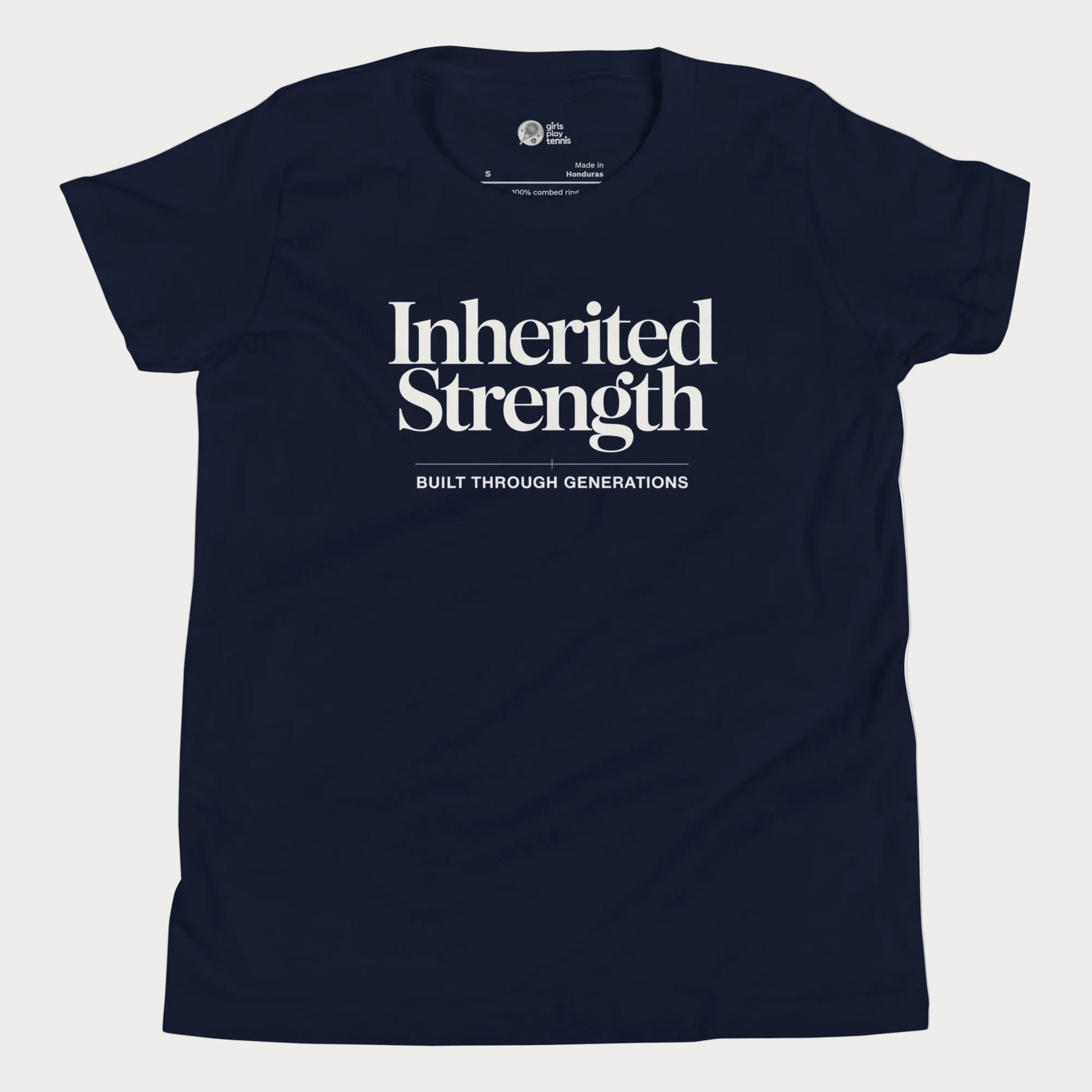 Inherited Strength tennis t-shirt in navy with bold typography for girls and women
