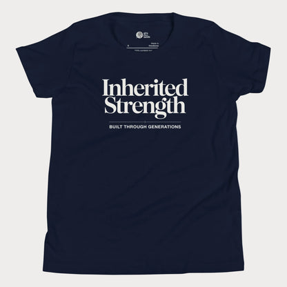 Inherited Strength tennis t-shirt in navy with bold typography for girls and women