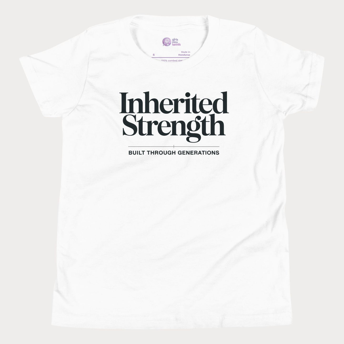 Inherited Strength tennis t-shirt in white with bold typography for girls and women