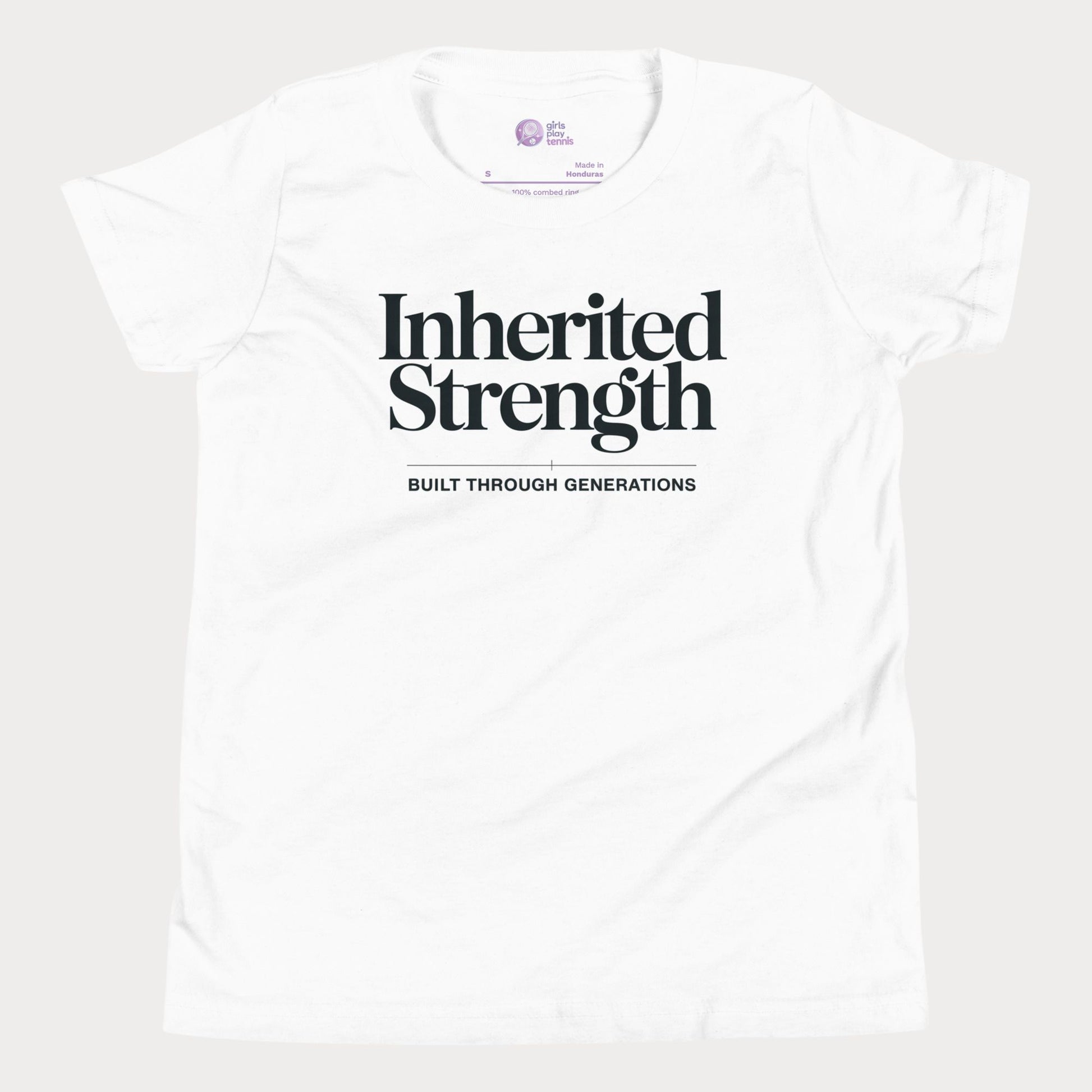 Inherited Strength tennis t-shirt in white with bold typography for girls and women
