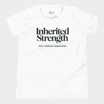 Inherited Strength tennis t-shirt in white with bold typography for girls and women