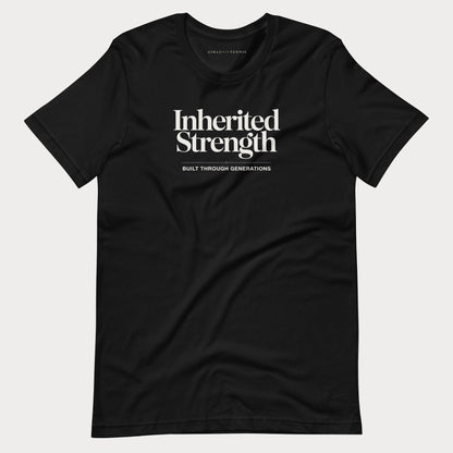 A black short-sleeve crewneck women's tennis t-shirt with white printed text reading 'Inherited Strength' and 'BUILT THROUGH GENERATIONS' on the chest, displayed flat against a light gray background.