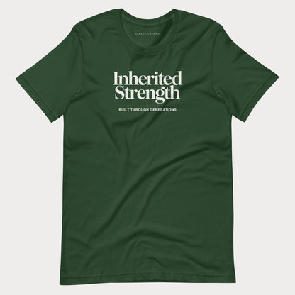A dark green crewneck women's tennis t-shirt with white text reading 'Inherited Strength' and 'BUILT THROUGH GENERATIONS' on the chest, displayed flat against a light gray background.