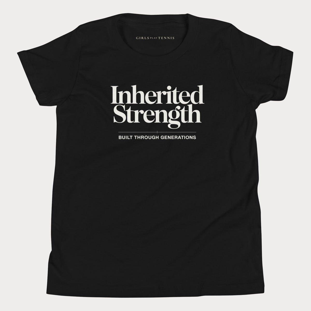 Black Inherited Strength girls' tennis T-shirt with the tagline Built Through Generations
