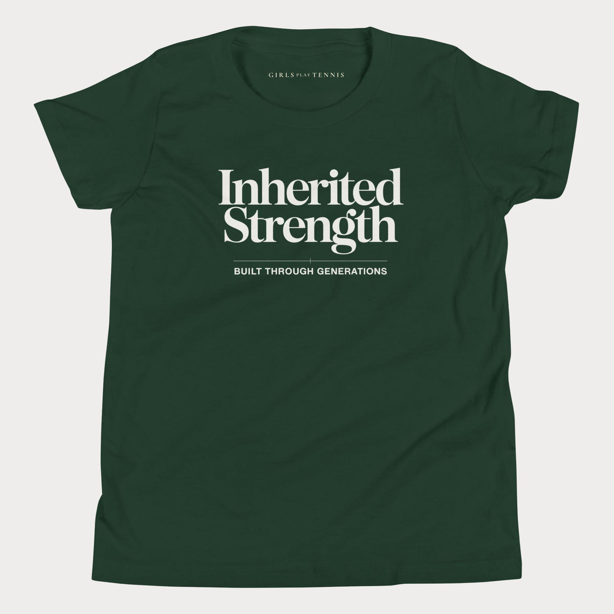 Forest green Inherited Strength girls' tennis T-shirt with the tagline Built Through Generations
