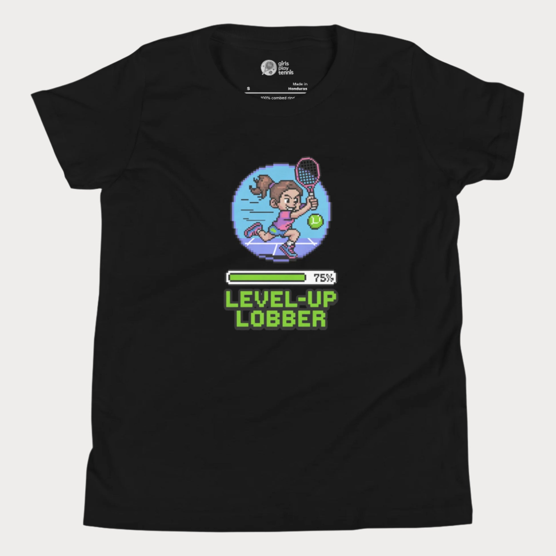 Girls Play Tennis Level Up Lobber t-shirt with XP badge, progress bar, and tennis girl graphic.