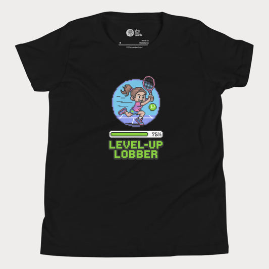 Girls Play Tennis Level Up Lobber t-shirt with XP badge, progress bar, and tennis girl graphic.