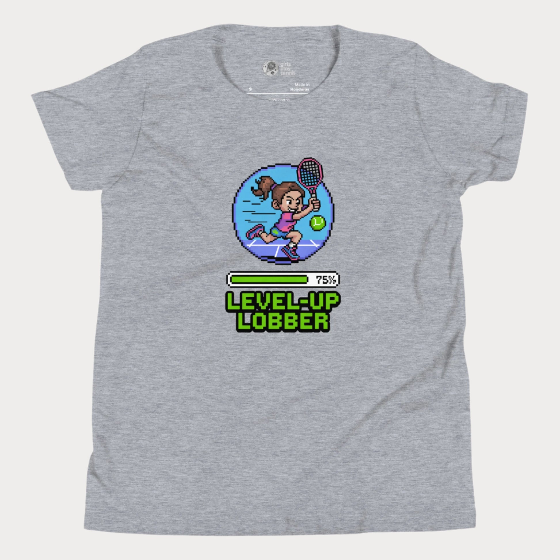 Girls Play Tennis Level Up Lobber t-shirt with XP badge, progress bar, and tennis girl graphic
