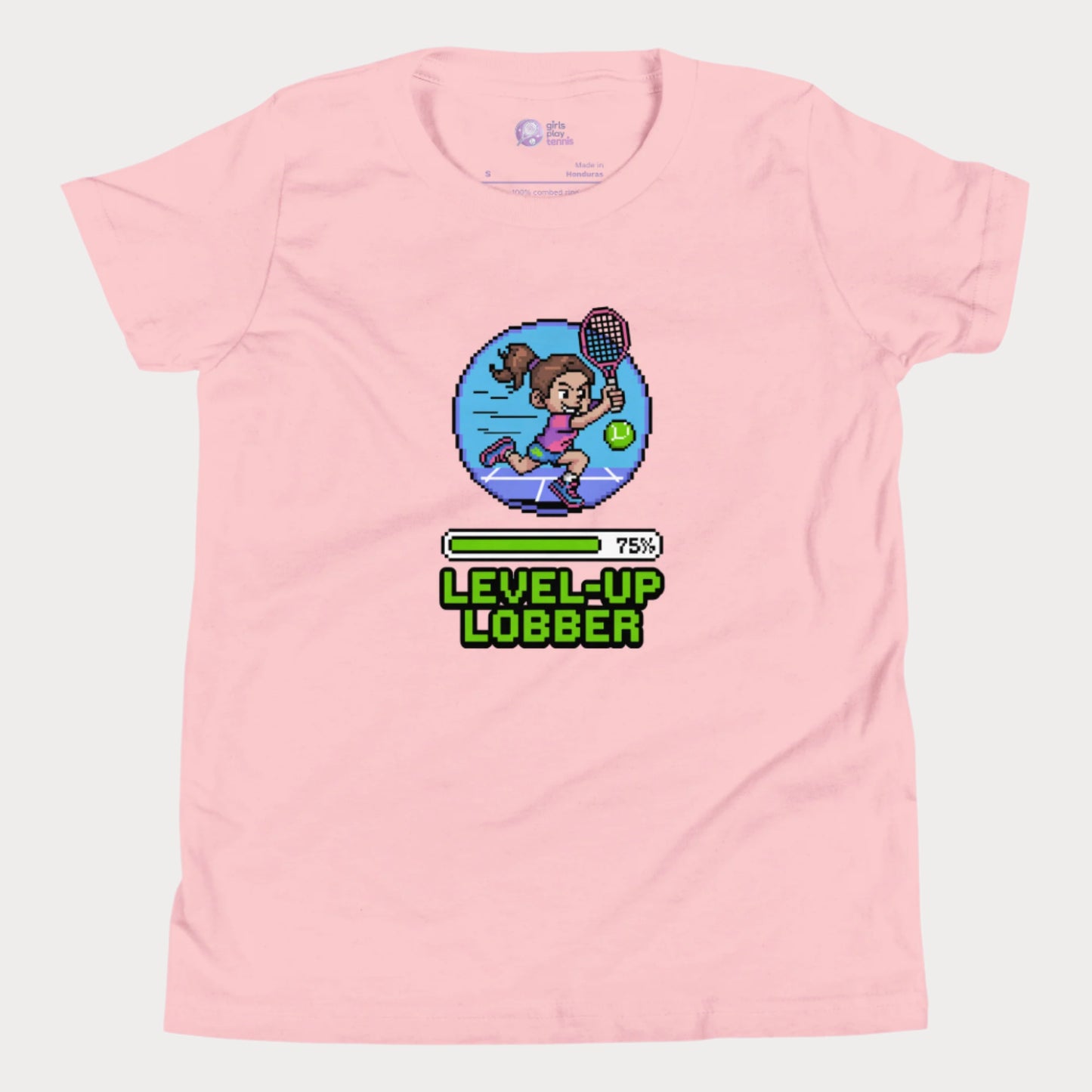 Girls Play Tennis Level Up Lobber t-shirt with XP badge, progress bar, and tennis girl graphic