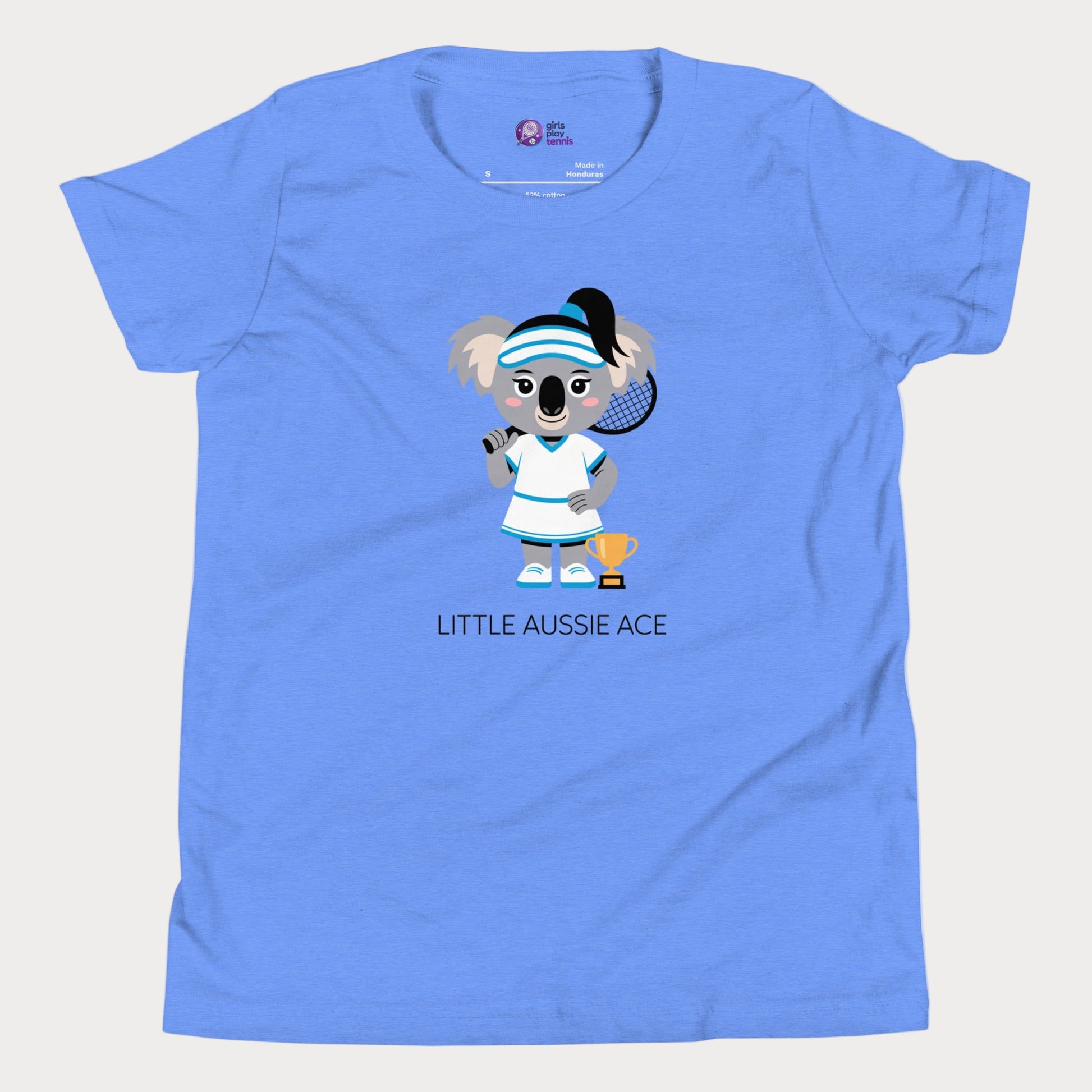 Little Aussie Ace kids tennis t-shirt with koala player illustration for toddlers and youth.