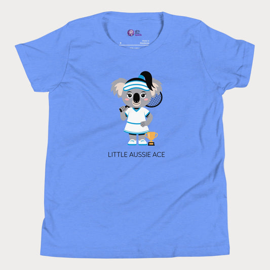 Little Aussie Ace kids tennis t-shirt with koala player illustration for toddlers and youth.