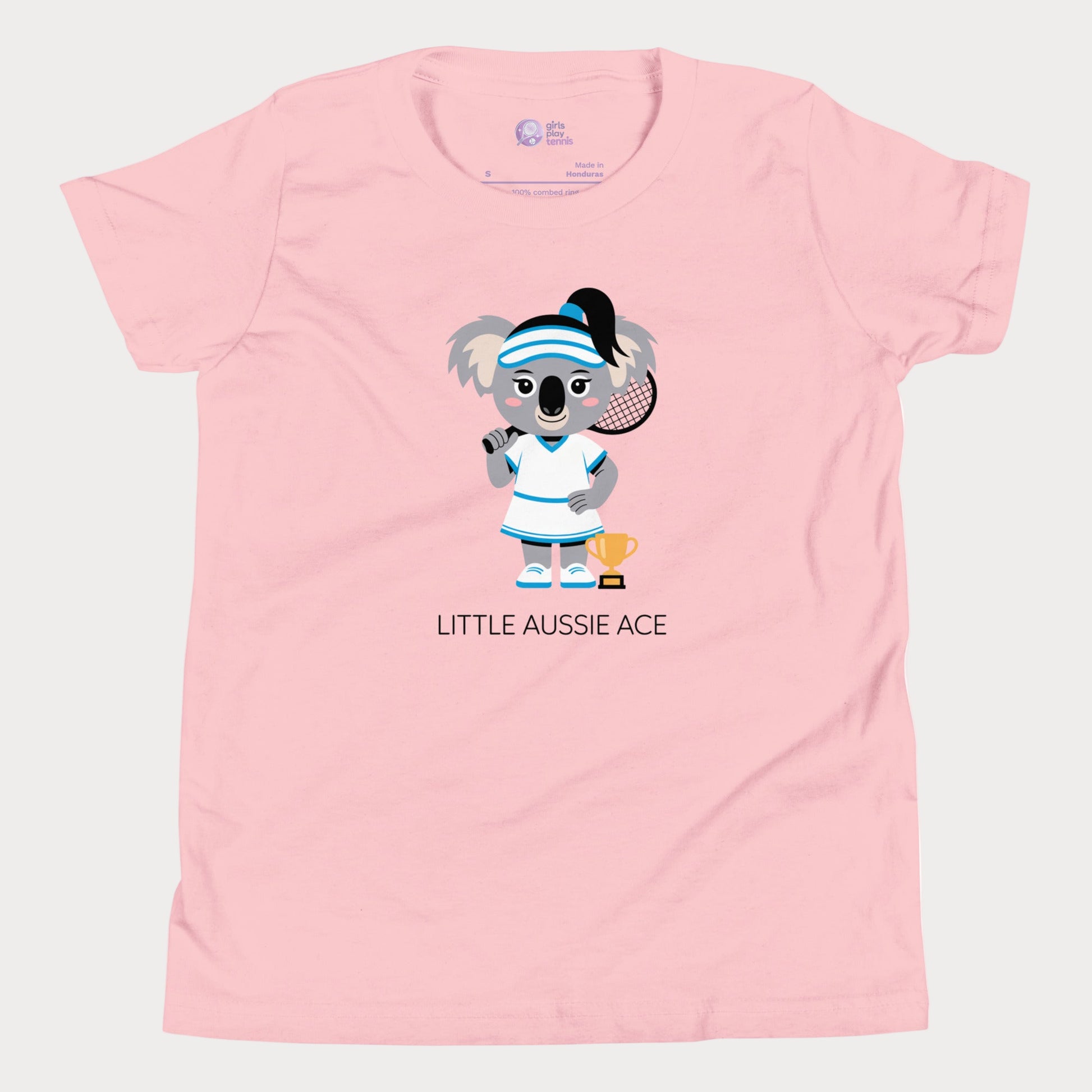 Little Aussie Ace kids tennis t-shirt with koala player illustration for toddlers and youth.