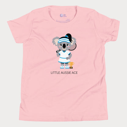 Little Aussie Ace kids tennis t-shirt with koala player illustration for toddlers and youth.