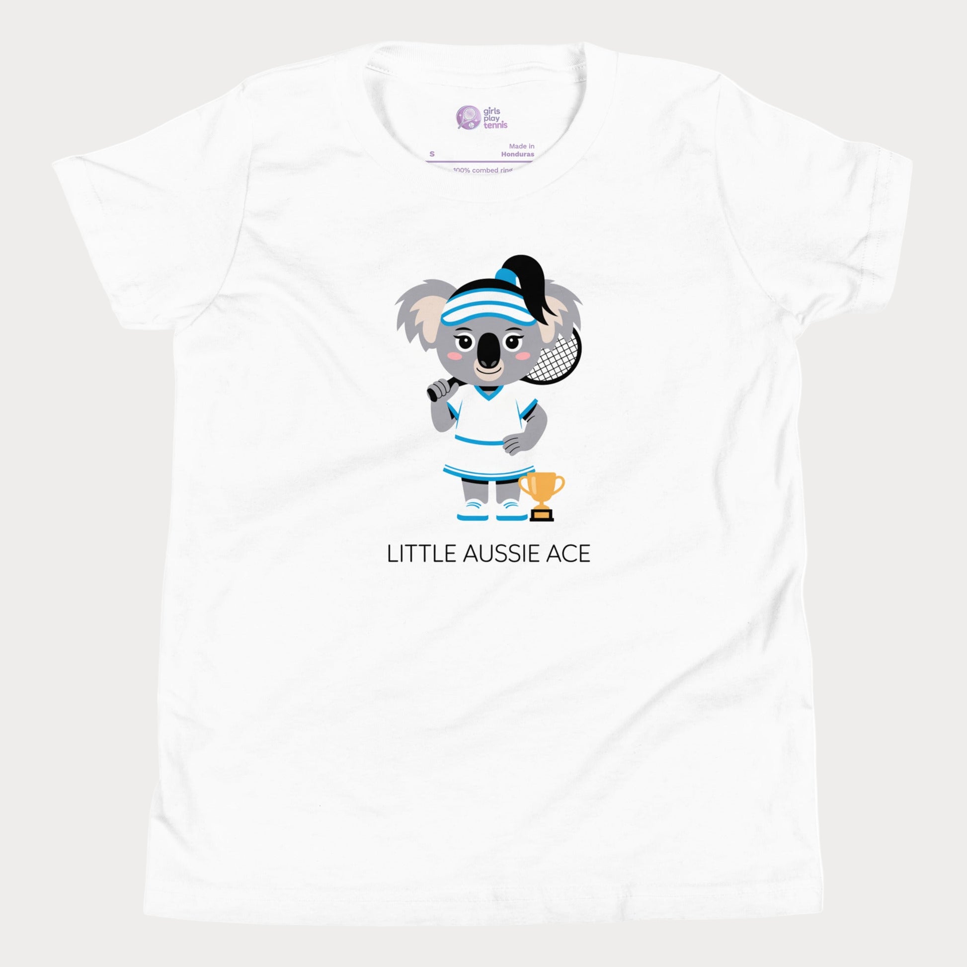 Little Aussie Ace kids tennis t-shirt with koala player illustration for toddlers and youth.